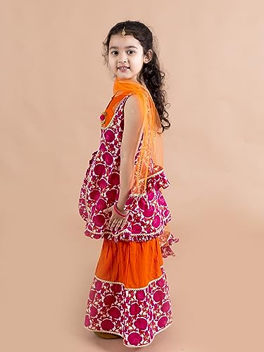 Pspeaches Girls Magenta Orange Printed Angrakha Cotton Kurta Set (Pink-4-5Y)