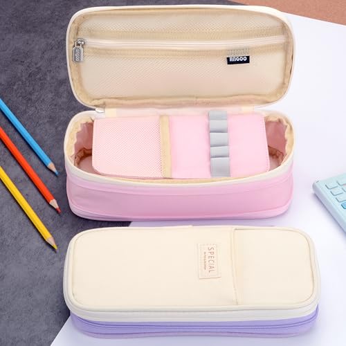 Image of Large Capacity Big Special Cute Aesthetic Preppy Canvas Pencil Case Organizer Holder Pouch Bag with Zipper Compartments, Pen Cases for Women Girls School Adults (Beige /pink)