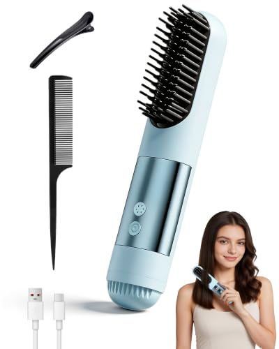Lizoak Mini Brosse Lissante Sans Fil pour Cheveux Courts, Brosse Chauffante Portable Rechargeable USB-C, 3 Niveaux de Température 160-200°C, Ions Négatifs, Idéale Voyage, Femmes et Hommes