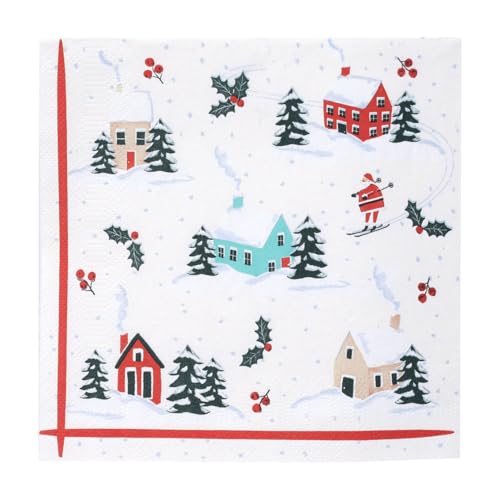Talking Tables 20 x Christmas Paper Napkins Fun Santa Winter Village Serviettes Disposable & Recyclable 33 x 33 cm Red & Green Festive Tableware