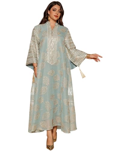 MedeShe Womens Contrast Sequin Embroidered Notched Neck Dubai Jalabiya Morocco Kaftan Islam Party Dress (Mint Green, M)