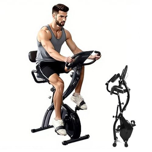 Bicicleta estática Plegable, Bicicleta De Spinning Resistencia magnética Ajustable a 8 Niveles, Bicicleta de Fitness con Bandas elásticas para Brazos, Pantalla LCD