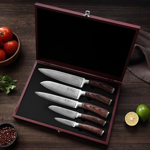 Wakoli EDIB 5-Piece Professional Damascus Kitchen Knife Set – Made from 67 Layers of Genuine Damascus Steel with VG-10 Core | Chef’s Knife Set with Ergonomic Pakkawood Handles in a Wooden Box - Image 2