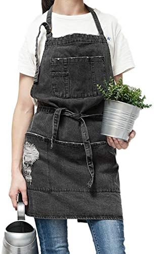 Jowcud Cotton Adjustable Bib Apron with 5 Pockets Cooking Kitchen Aprons Women Men Denim Jean Apron for Cafes Bars Kitchens
