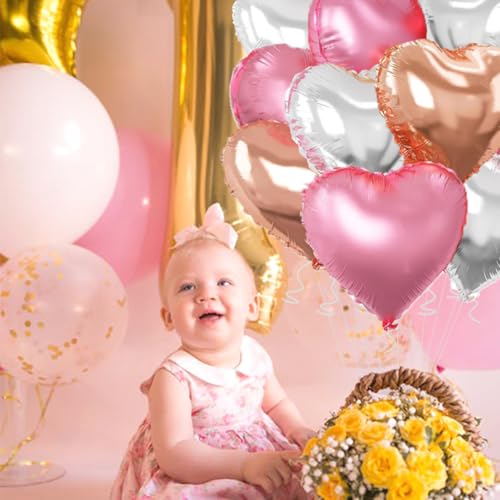 Image of Rose Gold & Silver Heart Balloons,18 Inch Light Pink Foil Love Heart Shaped Balloons for Birthday Party Bridal Engagement Wedding Anniversary Baby Shower Valentines Decorations 12Pcs