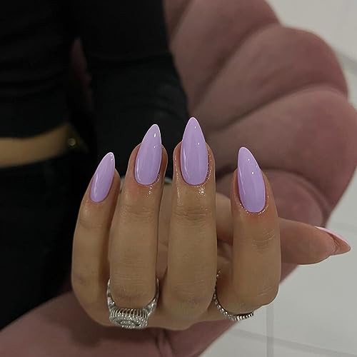 Lilac Press on Nails Medium Almond Fake Nails Press on Acrylic Nails Set,KQueenest Purple Stiletto Nails Glue on Nails Medium Length Reusable Gel False Nails Short Almond Nails for Girls with Feature Protective UV Coating DIY Manicure in 24PCS