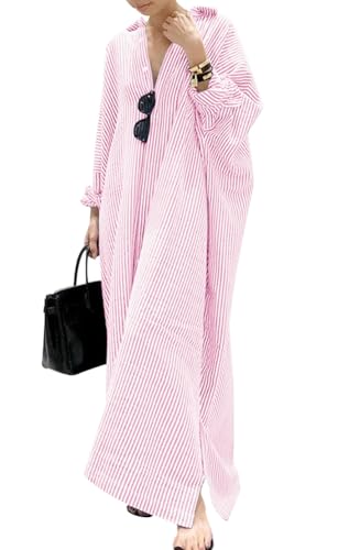 chouyatou Women's Casual Long Sleeve Button Down Loose Striped Cotton Maxi Shirt Dress (Medium, Pink)