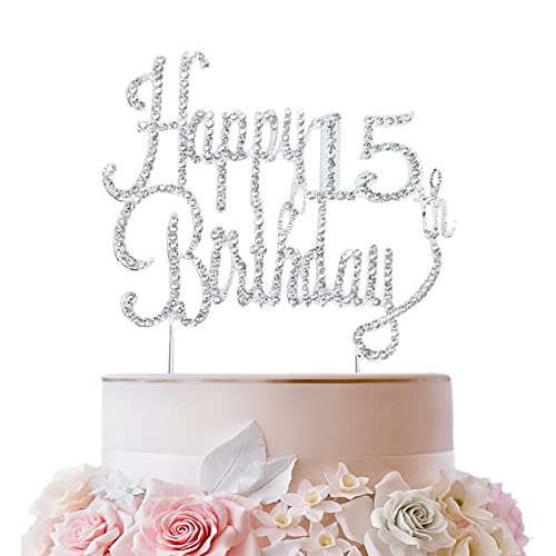 LINGTEER Happy 15th Birthday Silver Sparkly Rhinestone Cake Topper Cheers to Fifteen Years Old Children Bday Gift Keepsake Party Decoration