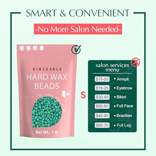 Image of GIRLEARLE 1LB Hard Wax Beads for Hair Removal, Hard Wax Beads with Green Tea Formula, Wax Beads for Brazilian Waxing & Sensitive Skin, Stripless Hard Wax for Bikini, Face & Body At-Home Waxing