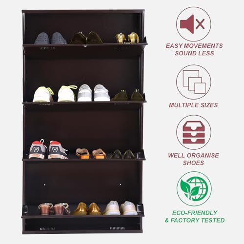 Image of Metal Shoe Rack Wall Mounted for Home with Central Locking | 4 Door 28 inch Wall Mounted Metal 12 Pair Shoe Rack Cabinet | Pre-Assembled Rack Shelves | 3 Year Warranty (Brown)