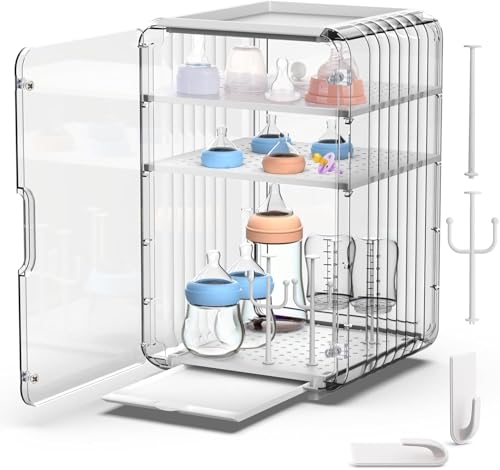 Large Capacity Baby Bottle Storage Box 3 Tier Nursing Bottle Storage Box Organizer with Cover Portable Kitchen Cabinet Organizer Clear Nursery Cabinet for Countertop and Kitchen
