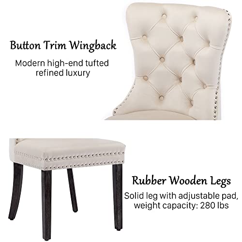 Goolon Velvet Dining Chair Set Of 6 Upholstered Wingback Tufted Chairs For Dining Room With Nailhead Rivet Trim Design Pull Ring On Backrest Wood Legs For Kitchen Dining Room Beige #TOP4