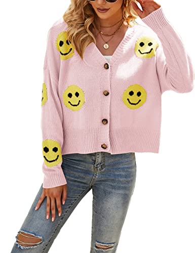 Cowoka Women's Casual Smiley Face Knitted Sweater Cardigan Button Down Long Sleeve Loose Jacket Coat Pink M #TOP11