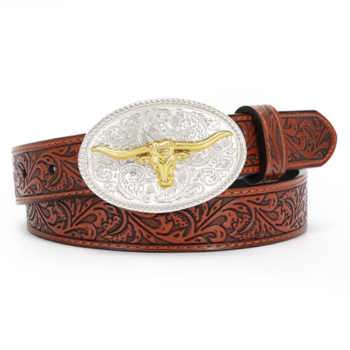 SUOSDEY Kids Western Belt for Boys Girls Toddler Youth Cowboy Cowgirl Genuine Leather Belt with Longhorn Bull Buckle