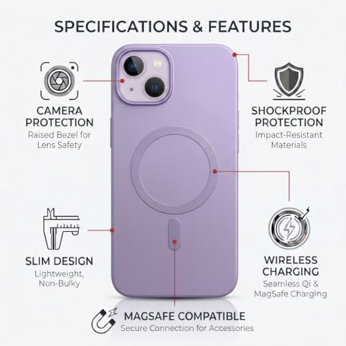 Image of amazon basics Premium Mag-Safe Case for iPhone 15 | Shockproof & Anti-Scratch Cover | Soft Silicone with Wireless Charging | Camera Lens Guard - Light Purple