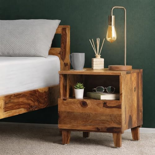 Image of Solid Sheesham Wood Bedside Table for Bedroom | Modern Wooden Nightstand with Storage Shelf & Drawer (Honey Finish)