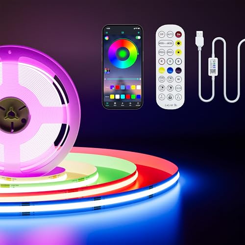 PAUTIX RGB Ruban LED COB 2m, USB 5V 1200LEDs avec contrôleur Bluetooth Smart APP Multicolore Bande Lumineuse LED Flexible pour Chambre, Bar, TV, Cuisine, Fête, Décoration de Bricolage