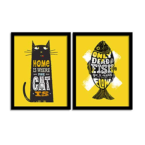 Image of PAINTINGMANTRA Motivational Quote Wall Art Painting for living room, cat motivational framed painting, set of 2, 13x18 Inch