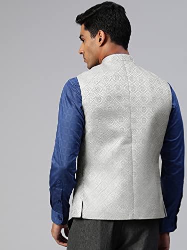Image of MANQ Men Fawn Woven Jaquard Silk Nehru Jacket