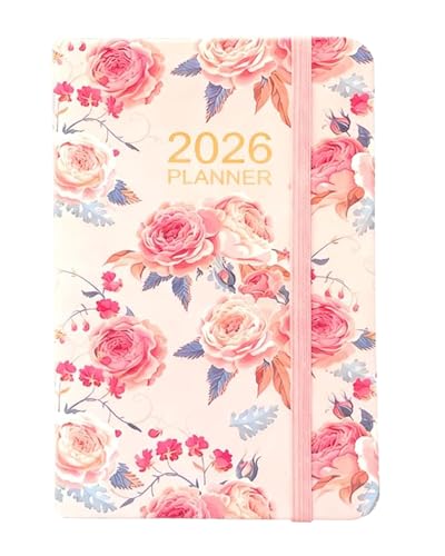 STJUNR J6806 Agenda semanal 2026, tamaño A6,Rosa, tapa dura de papel kraft, banda elástica, portalápices, 80 páginas, vegana, se puede utilizar como
