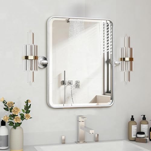 Besdomus Bathroom Pivot Wall Mirror: 20"x24" Modern Beveled Tilt Vanity HD Mirror for Bathroom Over Sink - Rectangular Silver Leafing Metal Framed for Horizontal/Vertical - Home Decor for Housewife