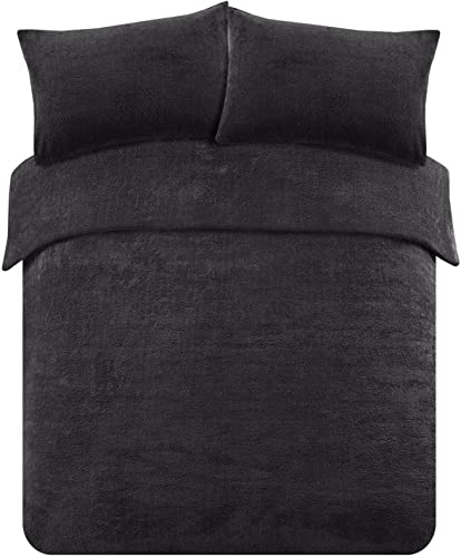 Teddy Fleece Duvet Sets – Super Soft Warm Quilt Cozy Fluffy Bedding Fleece with Pillow Cover Bed Size Single Double King Super King Home linen Accessories Bedding Set (Black, King)