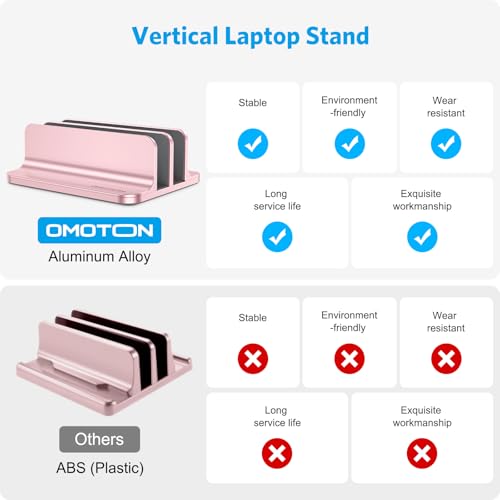 Image of OMOTON Vertical Laptop Stand [Updated Double Version], Desktop Aluminum Mac Book Stand with Adjustable Dock Size, Fits All Mac Book, Surface, Chrome Book and Gaming Laptops (Up to 17.3 in)(Rosegold)