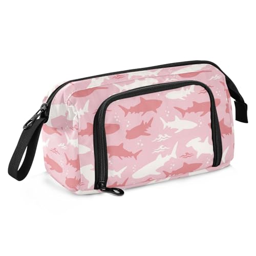 Image of Shark Pink Print Pencil Case Pouch Big Capacity Pencil Bag Box Organizer Pen Case with Compartmens Stationery Organizer for Girls Boys Women School College Office