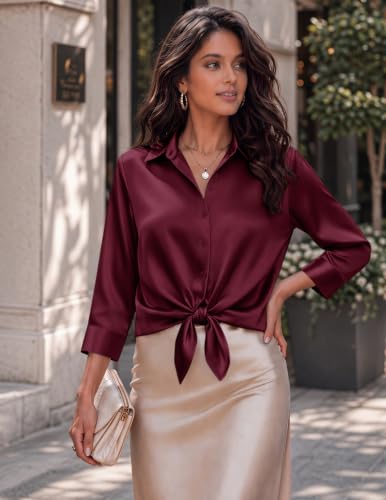 Image of Zeagoo Womens Satin Blouses Button Down Shirts 3 /4 Sleeve Dressy Tops S-2XL