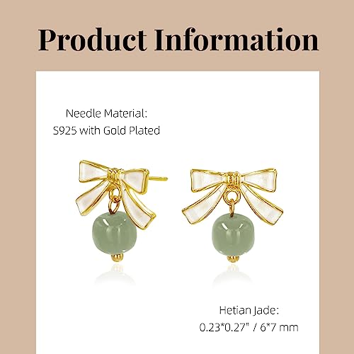 Looyuupee Natural Hetian Jade Beaded Pendant Stud Earrings Bow-Knot Drop Green Jade Ear Studs For Women Gold Earring Jewelry Gift For Mom Lover Her (925 Sterling Silver With Gold Plated) #TOP1