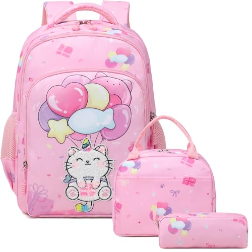 Kimwadalh Cartable 3D Chat Pièce de Broderie Filles Primaire Sac à Dos Licorne Enfants Sacs d'école Filles Set de Sacs d'école 1-3 Classe,Sacs Voyage...