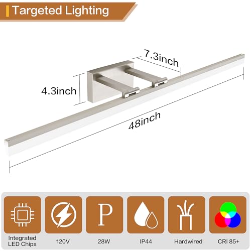 Image of SOLFART Bathroom Light Fixtures: 48 Inch Vanity Light for Large Mirrors- Brushed Nickel 6000K LED Adjustable 180 Degree Bar, IP44 Damp Protection, ETL