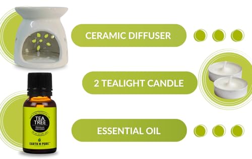 Image of Earth N Pure Ceramic Diffuser Burner with 10Ml Tea Tree Essential Oil | 2 Tea Light Candles | Perfect for Gift Set