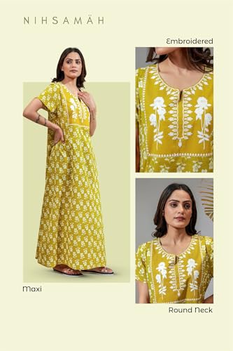 Image of NIHSAMAH Cotton Nighty for Women - Printed Stylish Night Gown, Comfortable Sleepwear Long Nightwear, Maxi