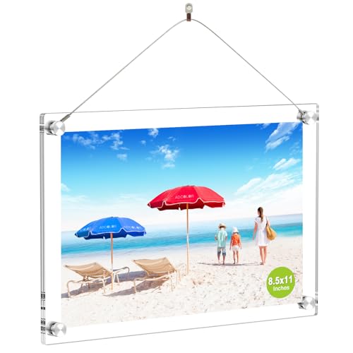 8.5x11 Modern Acrylic Photo Frame Clear Glass-Like Desk Picture Frame with Stand off & Hanging String Frameless Floating Look Self-Standing Desktop or Wall Mount Horizontal & Vertical Display