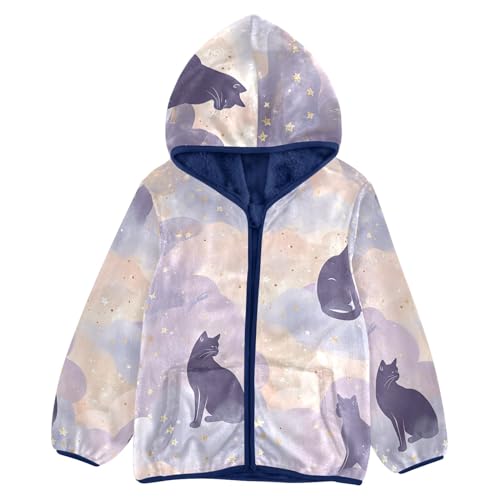 Boys Girls Fleece Jacket Stars Clouds Moon and Black Cats Kids Warm Hooded Outwear Coat