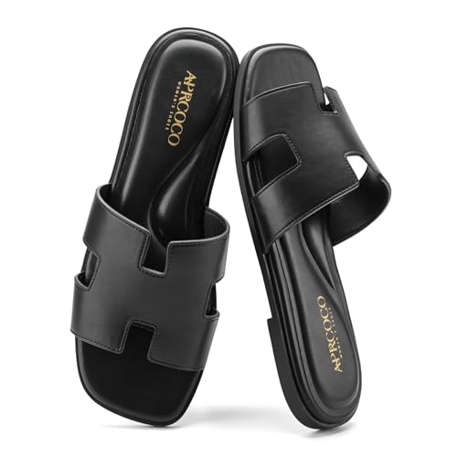 AprCoco Women's Flat Sandals Dressy Classic H-Band Flats Sandals Summer Beach Vacations Slide Sandals,Size 8.5,Black
