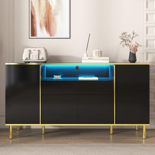 Aparador blanco de alto brillo con 2 cajones y patas negras para dormitorio (150x40x80 cm)