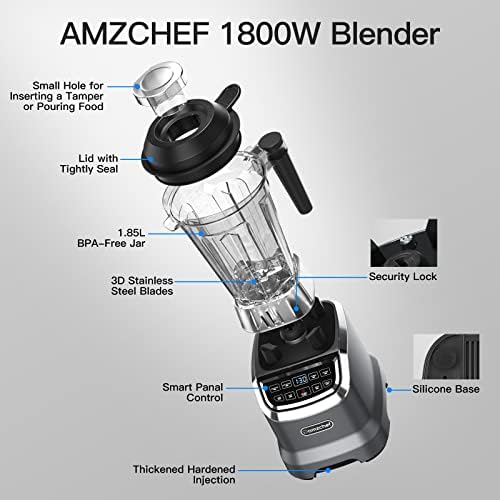 AMZCHEF Blender Smoothie Maker Two Blending Containers - Mikser Stojący High Performance Mikser o Wysokiej Wydajnośc with LED - 6 Ostrych Ostrzy 3D - 1200W 20000 RPM Stand Blender - Szary
