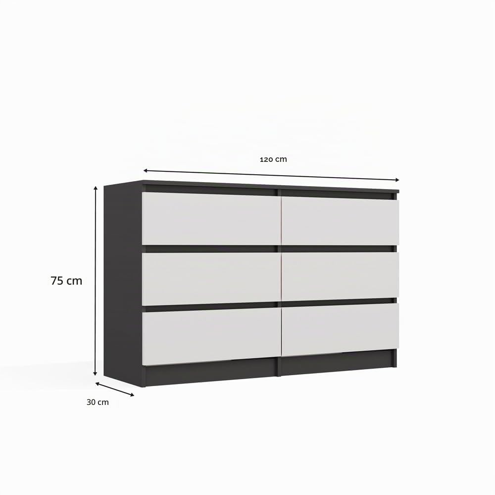 CDF Commode anthracite blanche avec 6 tiroirs, profondeur 30 cm, commode, pour salon, chambre à coucher, grand espace de rangement, convient pour organiser les vêtements, 120 cm de large, moderne