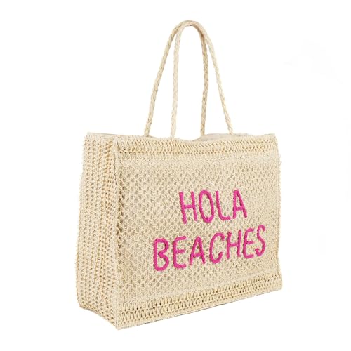 Hola Beaches tote bag of 2026. A straw beach bag that packs flat. Bags for women are essentials. Use as a large travel tote bag or a pool bag. Visit Beaches with this tote.