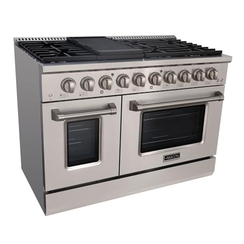 Akicon 48 Inch Freestanding Double Rapid Convection Gas Range - 6.7 cu. ft. Oven - 8 Sealed Burners...