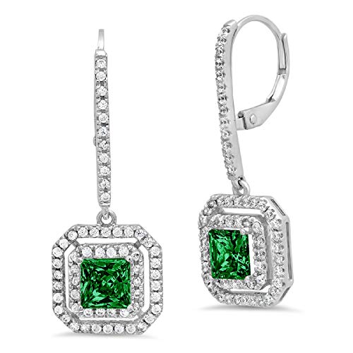 3.27Ct Princess Brilliant Round Cut Double Halo Solitaire Flawless Genuine Simulated Cz Green Emerald Gemstone Vvs1 Ideal Pair Of Leverback Drop Dangle Designer Earrings Solid 14K White Gold #TOP23