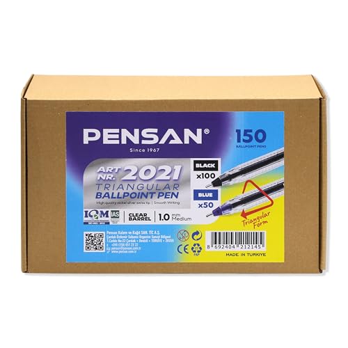Image of PENSAN Ballpoint Pens Bulk Pack, 150-Count - (100 Black & 50 Blue) Ink Pens, 1.0mm Medium Point, Ergonomic Triangle Grip, Smooth Writing