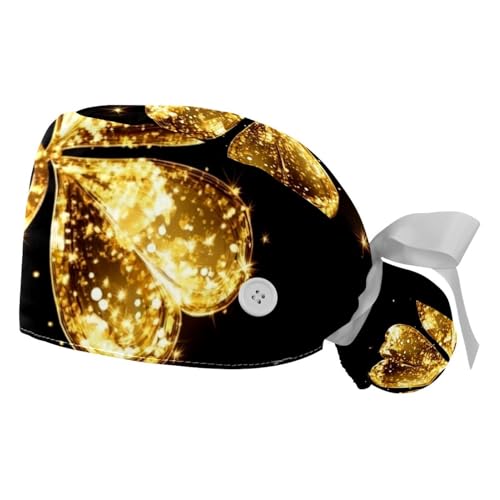 Gold Four Leaf Clover Working Caps with Button and Sweatband, Adjustable Working Hats for Women Men, One Size