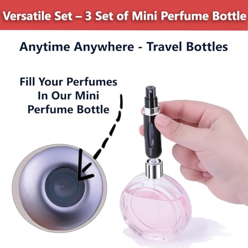 Image of TEMPERIA (3pcs) Mini Perfume Refill Bottle - Empty Small Portable Perfume Atomizer Refillable Dispenser Container - Travel Essentials & Accessories for Women & Men (Multicolour)
