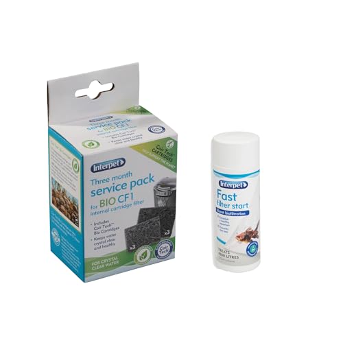 Interpet 3 Month Service Pack for the Internal Cartridge Filter CF1 (3 x Filter Cartridge, 3 x Algaway Pad) & Fast Filter Start Treatment, to Boost Aquarium Bio Filtration, 125 ml