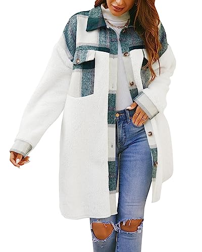 FSHAOES Womens Winter Coats Fuzzy Fleece Jacket Shacket Plaid Lapel Button Down Flannel Shirt Lightweight Outwear