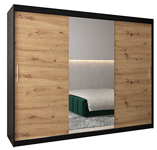Kryspol Schwebetürenschrank Tokyo 1-250 cm mit Spiegel Kleiderschrank mit Kleiderstange und Einlegeboden Schlafzimmer- Wohnzimmerschrank Schiebetüren Modern Design (Schwarz + Artisan Eiche) Cover