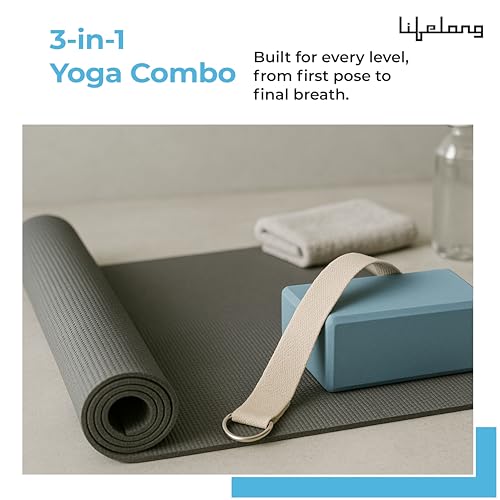 Image of Lifelong Yoga Combo Set: 4mm Mat, 6ft Belt, Block for Men & Women